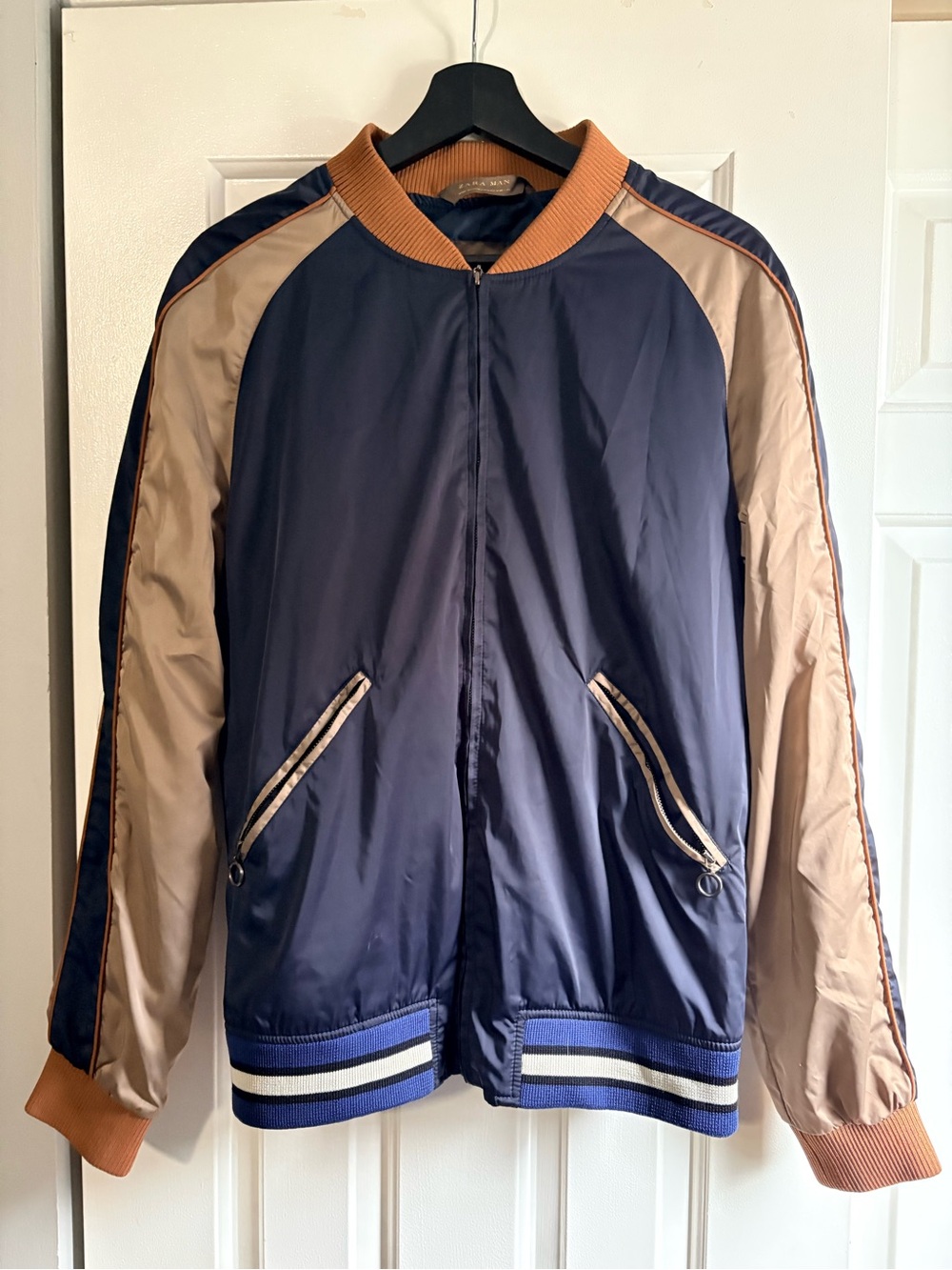 Zara Navy and Tan Colorblock Bomber Jacket